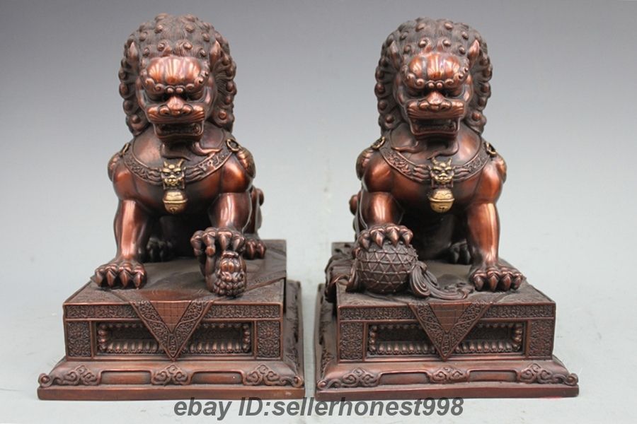 old China Copper bronze Door Fengshui Guardion Foo Fu Dog Lion Statue Lions Pair