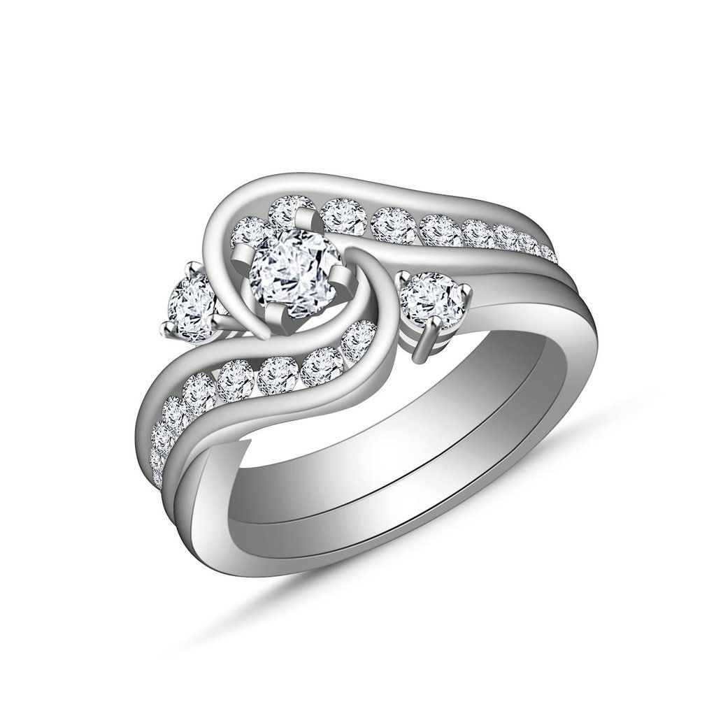 925 Silver Simulated Lab Diamond Bridal//Engagement Ring Trio Set In White Finish
